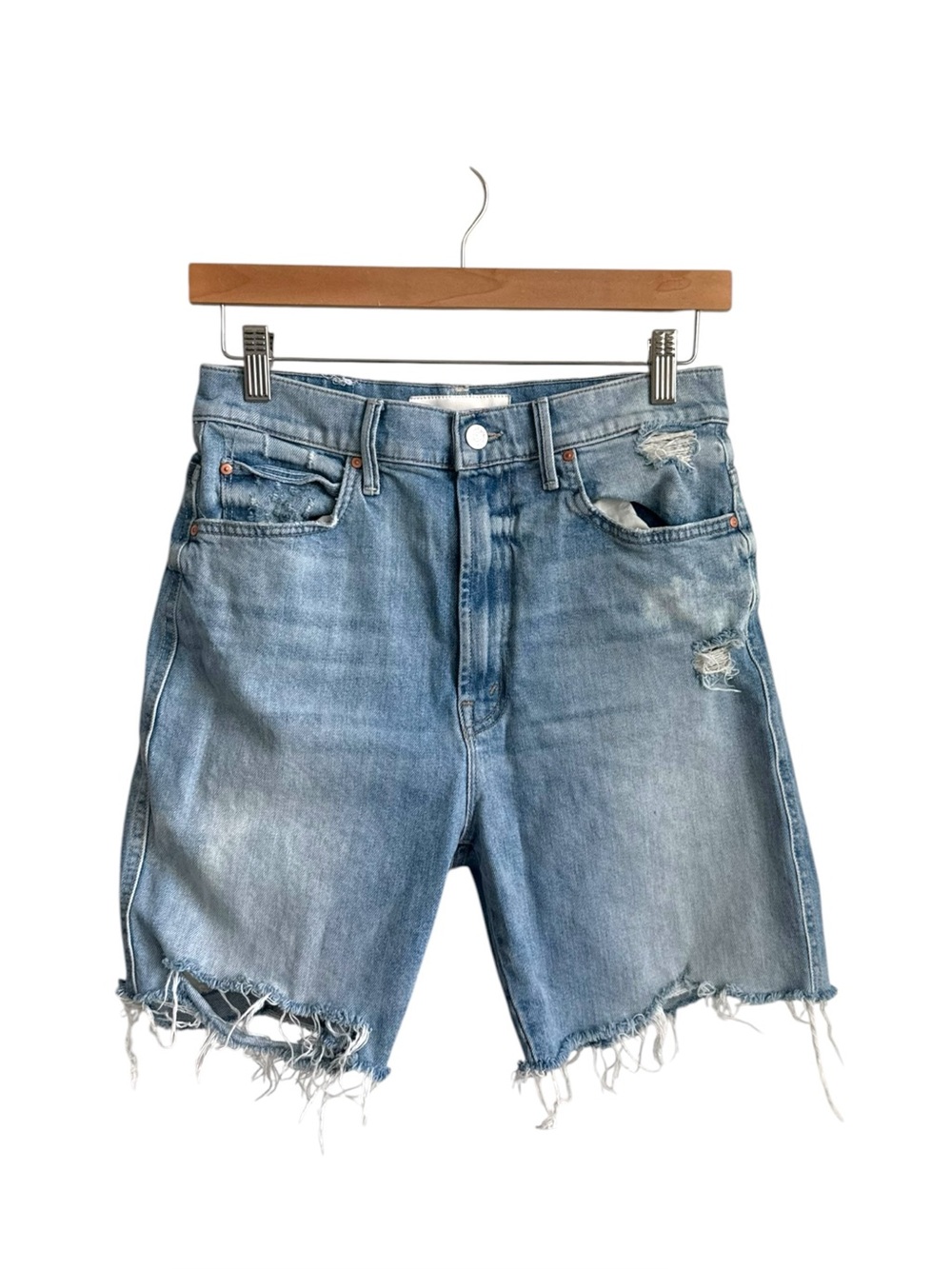 MOTHER Superior High Waisted Smokin’ Short Fray Resting Beach Face Denim 28
